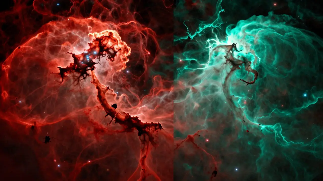Split view of a nebula showing red Hydrogen-Alpha structure on left and teal Oxygen III details on right