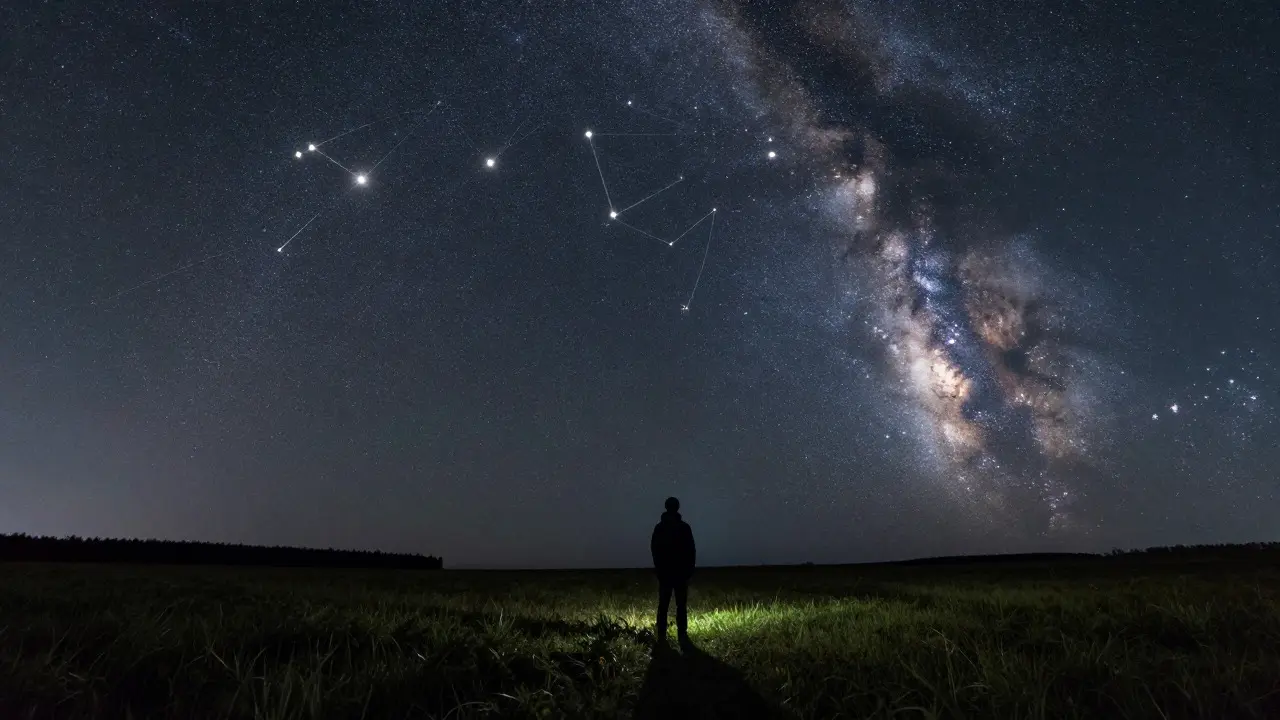 Stargazer viewing the Big Dipper with visual lines connecting constellations