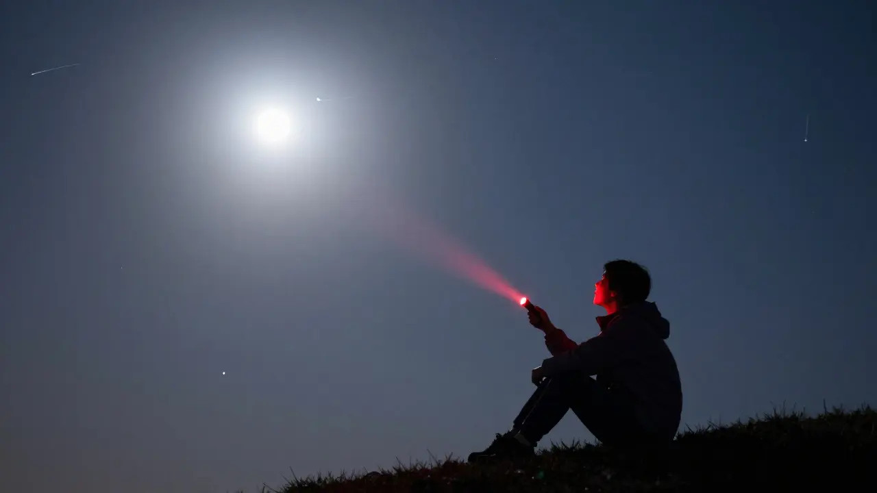 Stargazer with a red flashlight observing meteors under a bright waxing gibbous moon