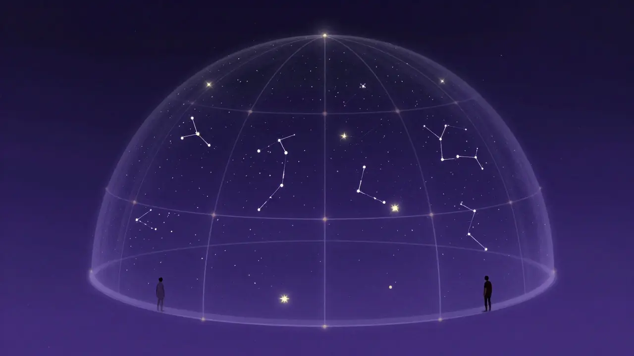 Stylized illustration of the night sky divided into four observation sectors
