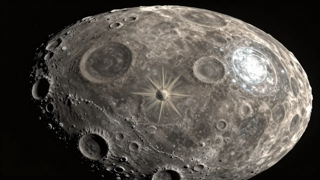 Stylized view of large lunar craters Clavius, Kepler, and Humboldt