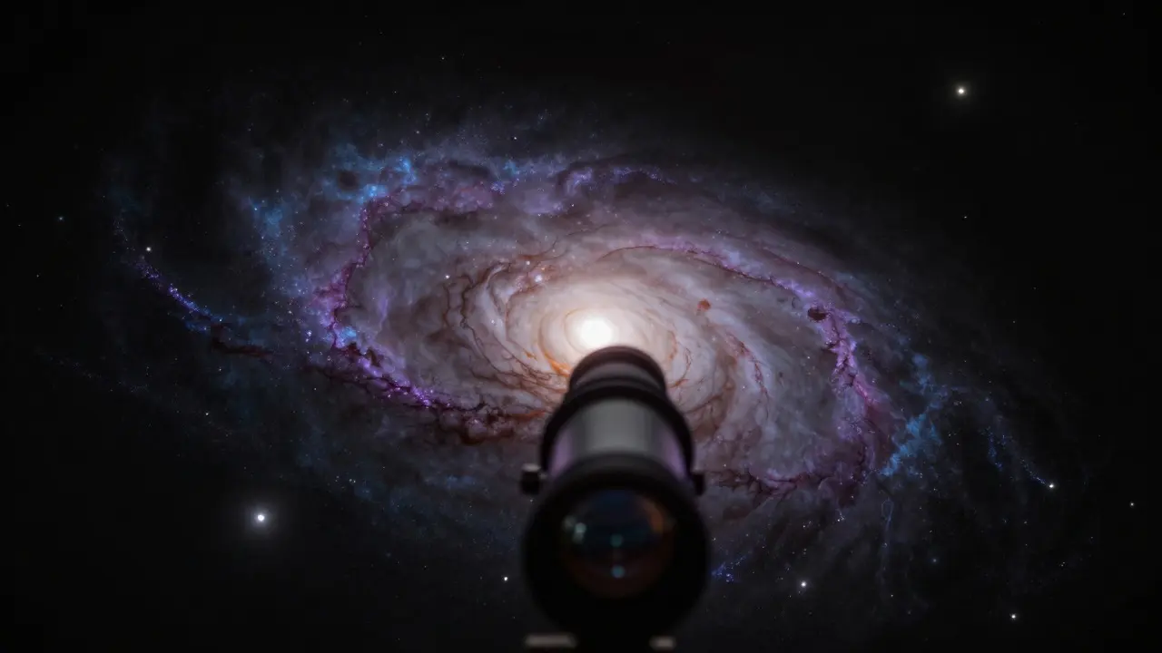Swirling spiral galaxy seen through a telescope eyepiece