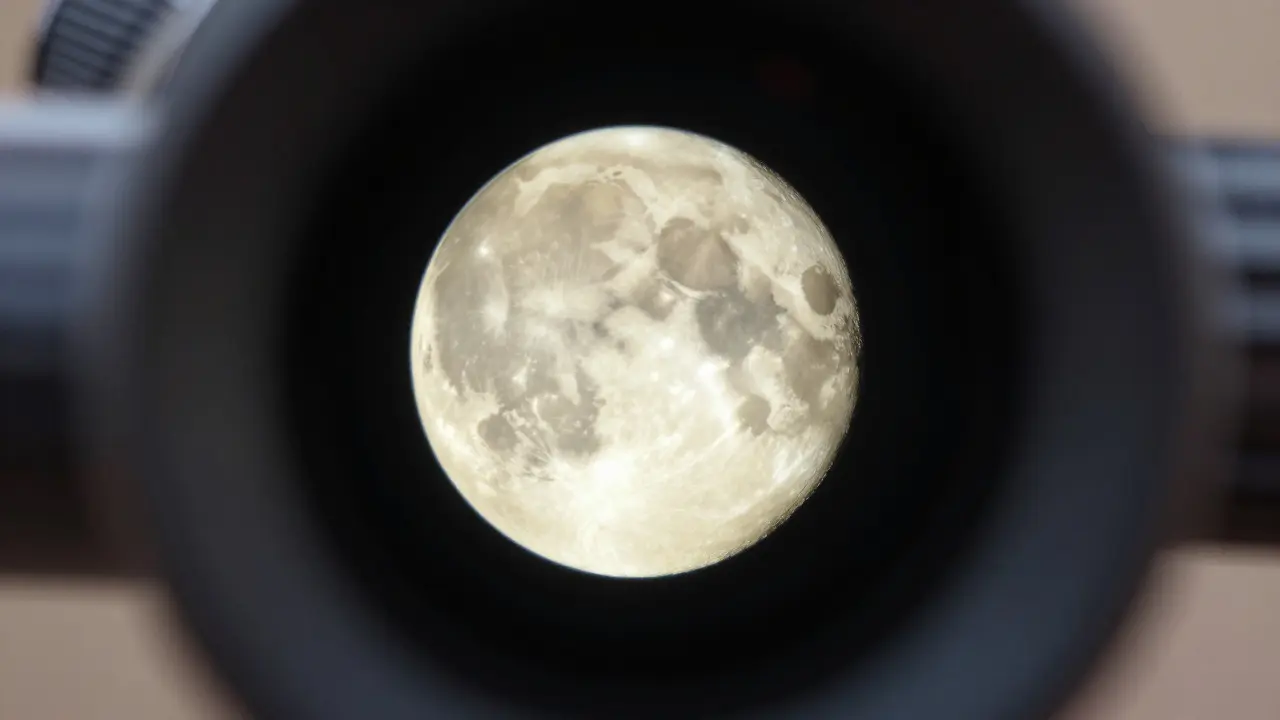 Telescope eyepiece view showing Venus in a sharp gibbous phase against black space.