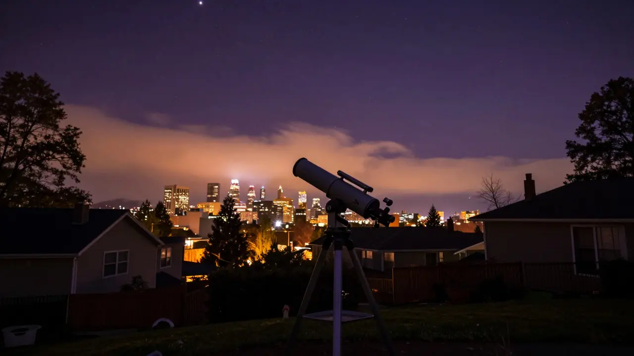 Telescope in a backyard with visible atmospheric heat distortion over a city