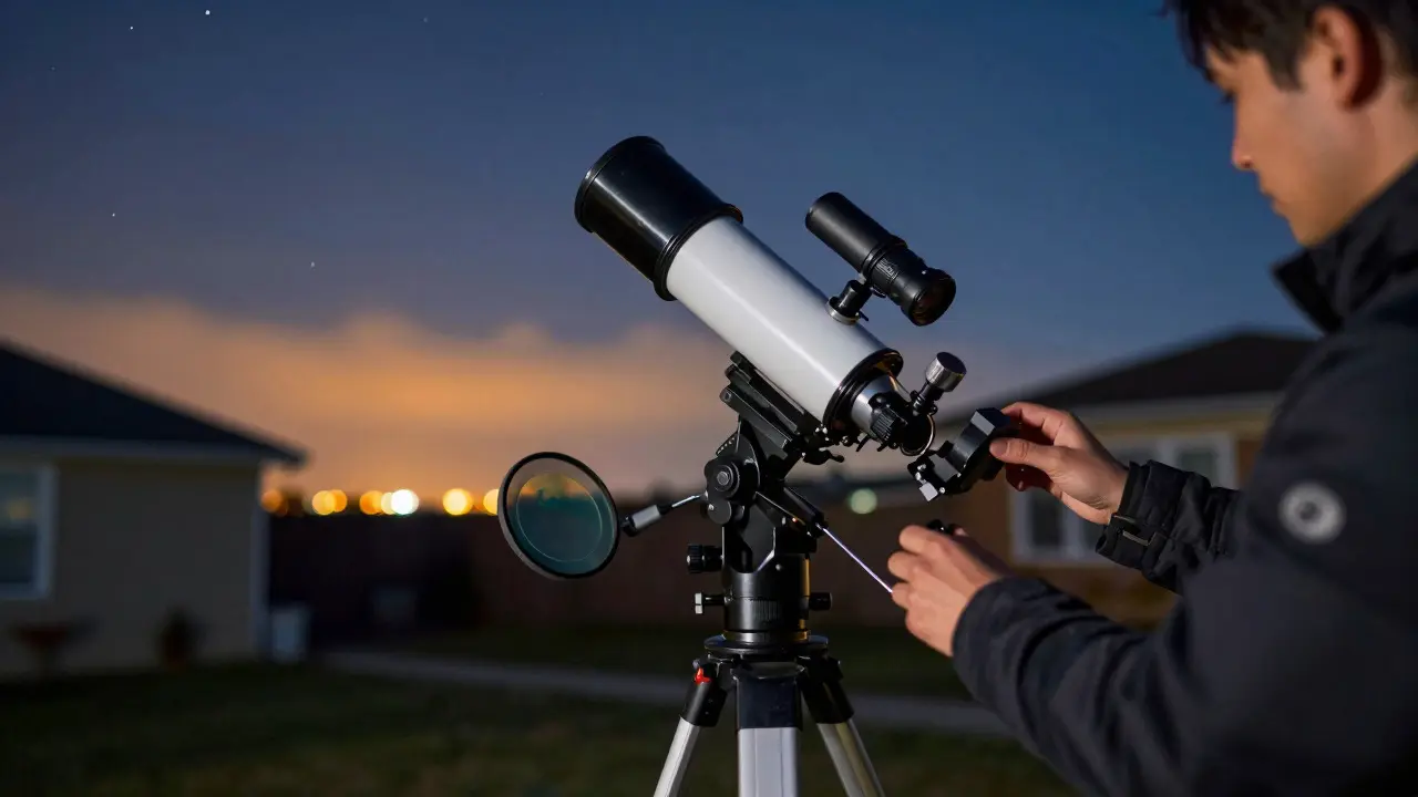 Telescope setup in a suburban backyard under a starry sky with city light pollution on the horizon