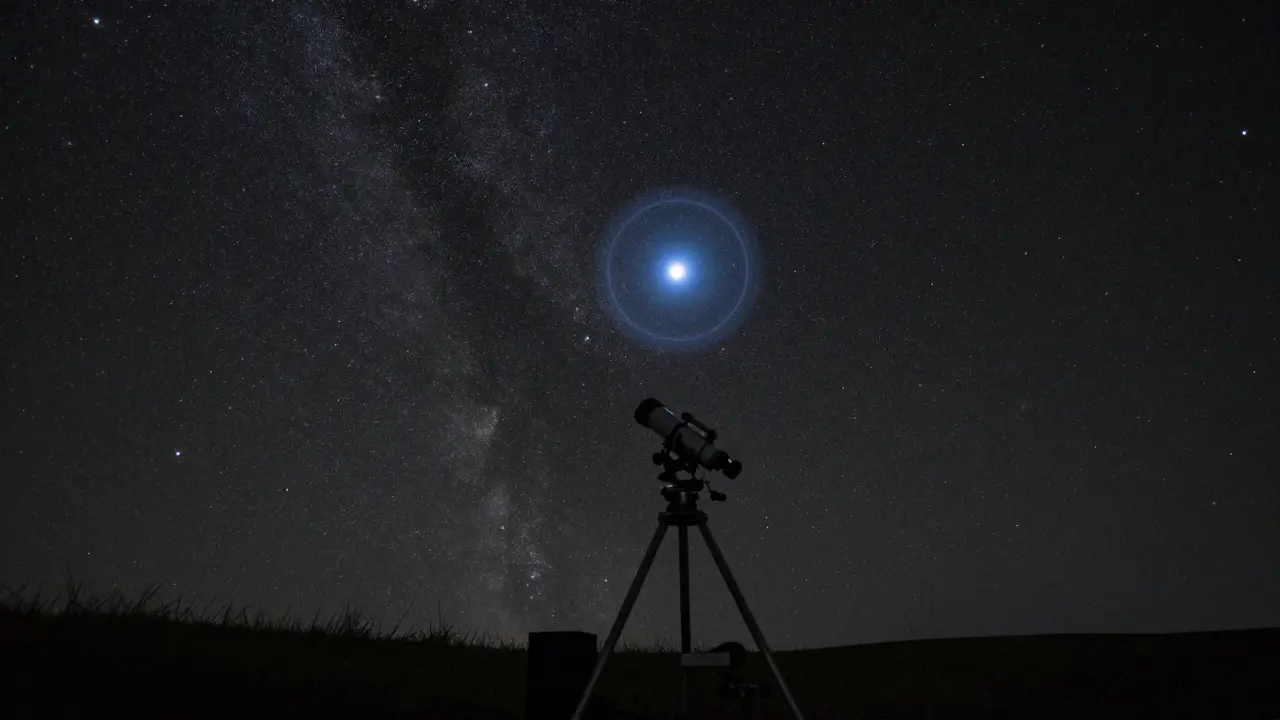 Telescope silhouette pointing at a highlighted blue-white star in a dense star field