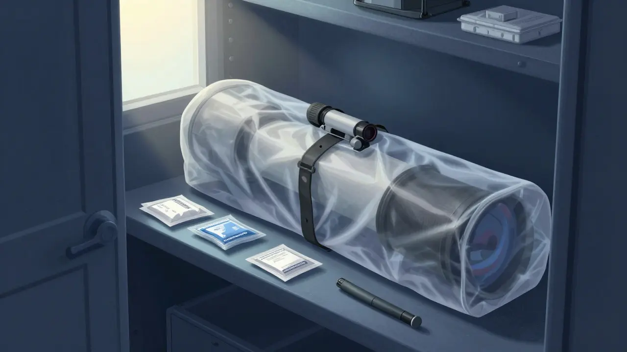 Telescope stored in a protective cover in a dark closet with silica gel packets