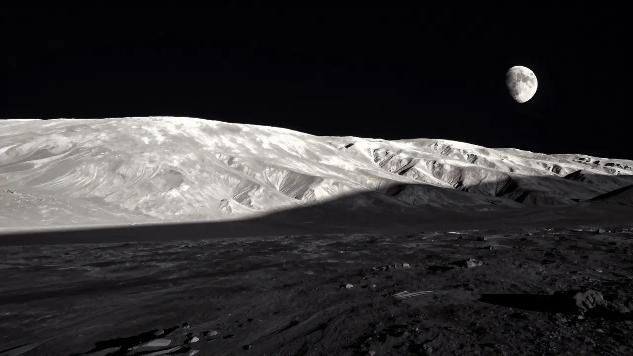 Telescope view of the moon's terminator casting long shadows on Mare Tranquillitatis
