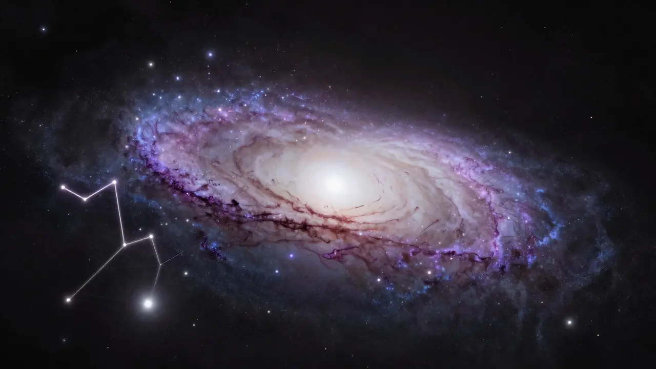 The Andromeda Galaxy visible as a faint oval of light next to the stars of Andromeda
