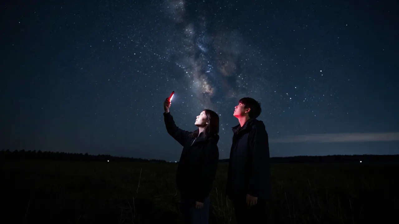 Two stargazers in a dark field using a dim red-lit phone responsibly