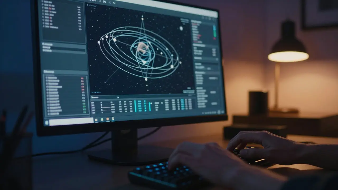 User interacting with planetarium software on a computer in a dimly lit room