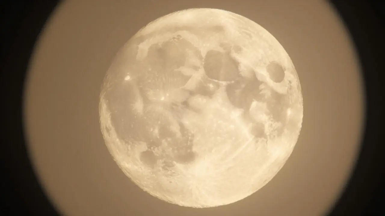 View of the Moon through a telescope appearing hazy and orange-tinted