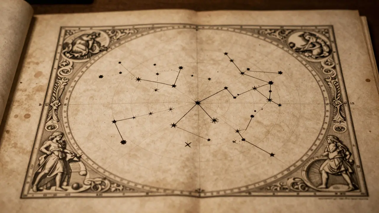Vintage illustration of an antique astronomical atlas page with constellation drawings