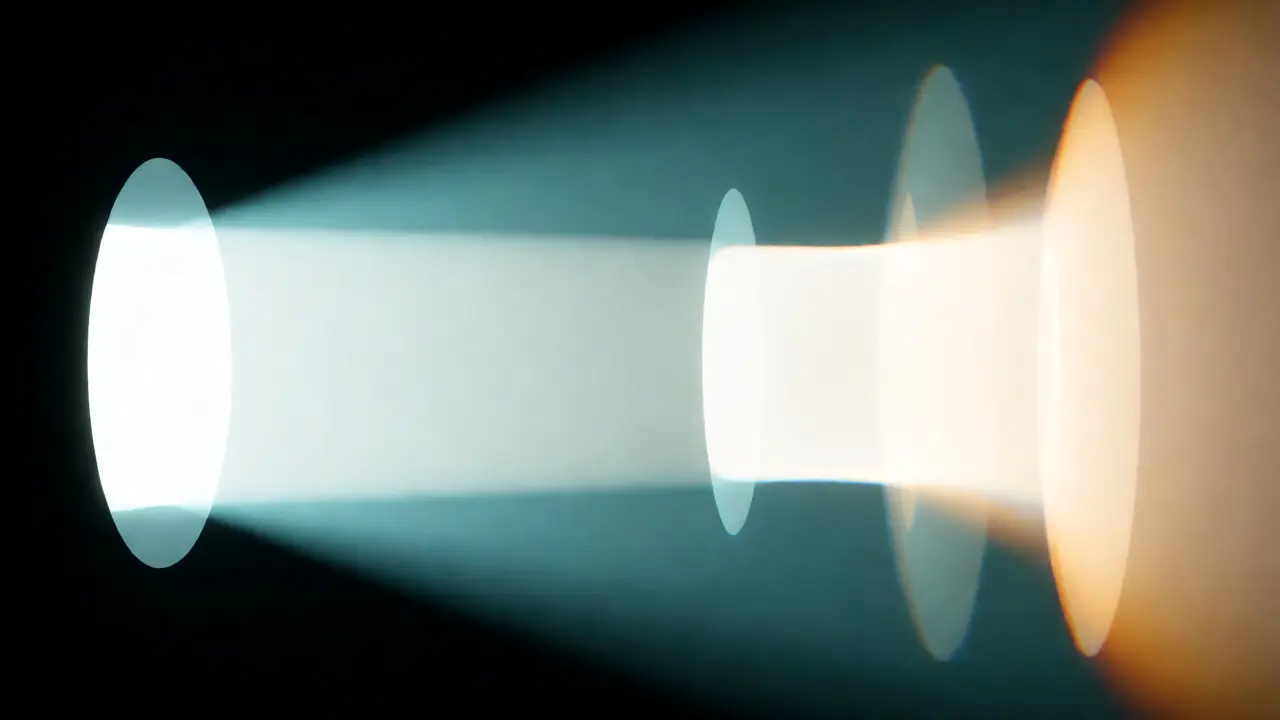 Abstract visualization of light passing through a telescope aperture showing magnification effects.