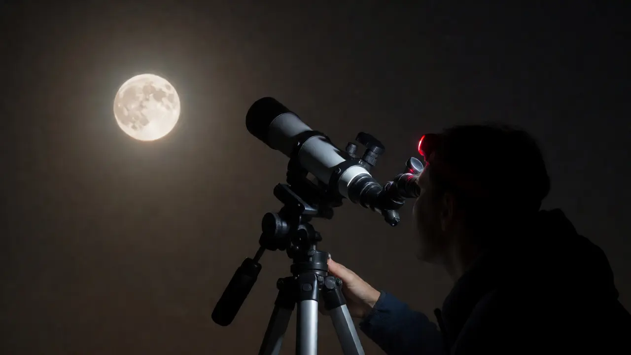 Astronomer observing the full moon with a telescope under a clear winter night sky.