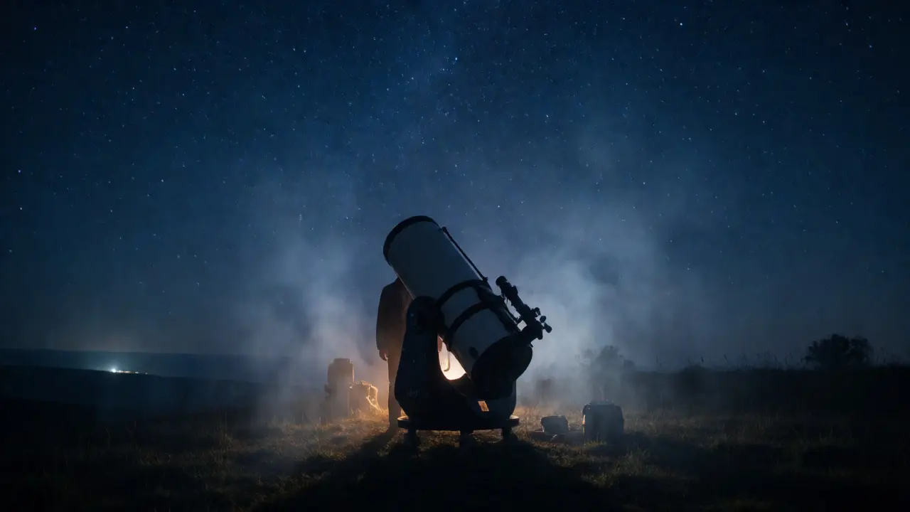 Astronomer using a telescope under turbulent, hazy night skies.