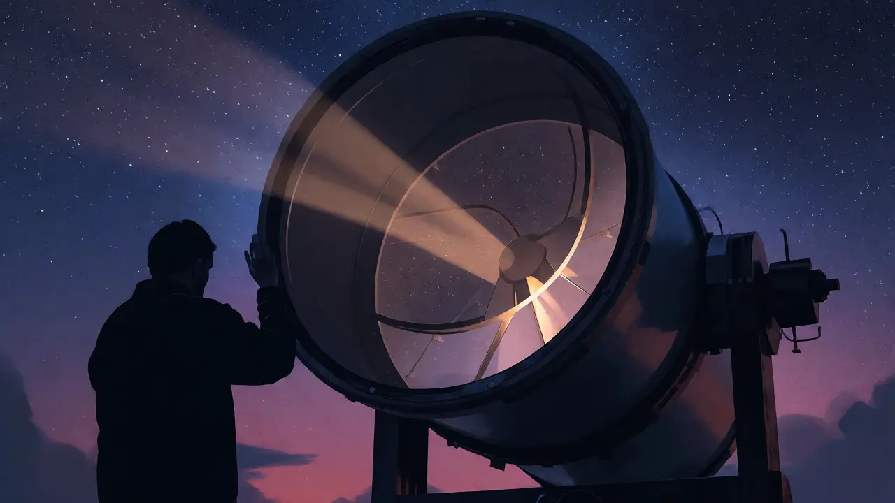 Astronomer viewing stars through a dusty telescope tube at night