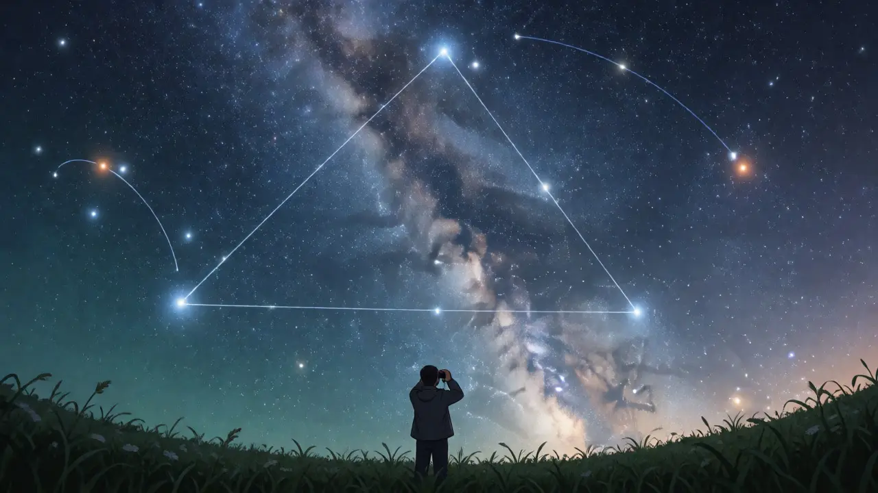Astronomer viewing the Summer Triangle and Milky Way with binoculars under a starry sky.