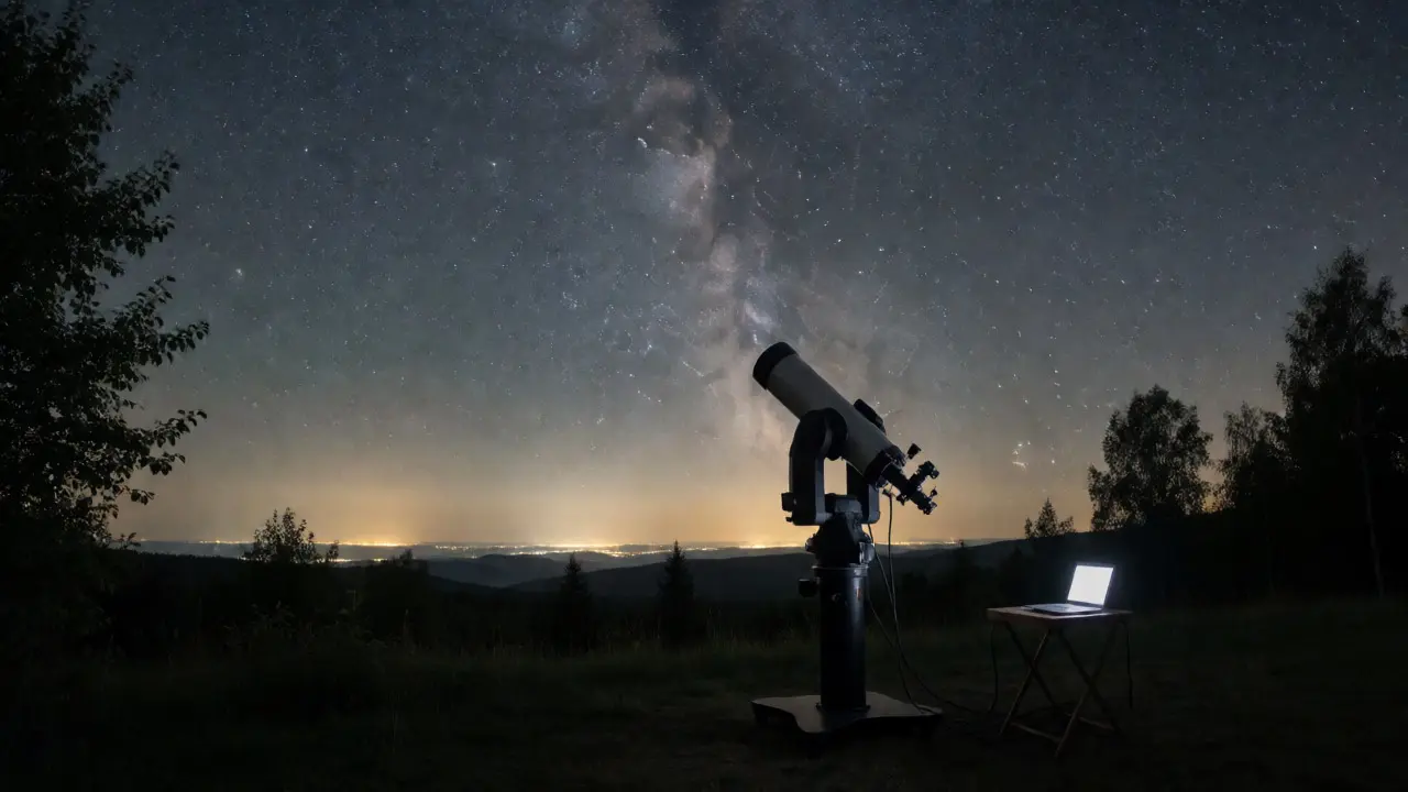 Automated telescope pointing at the Milky Way with city glow on the horizon.