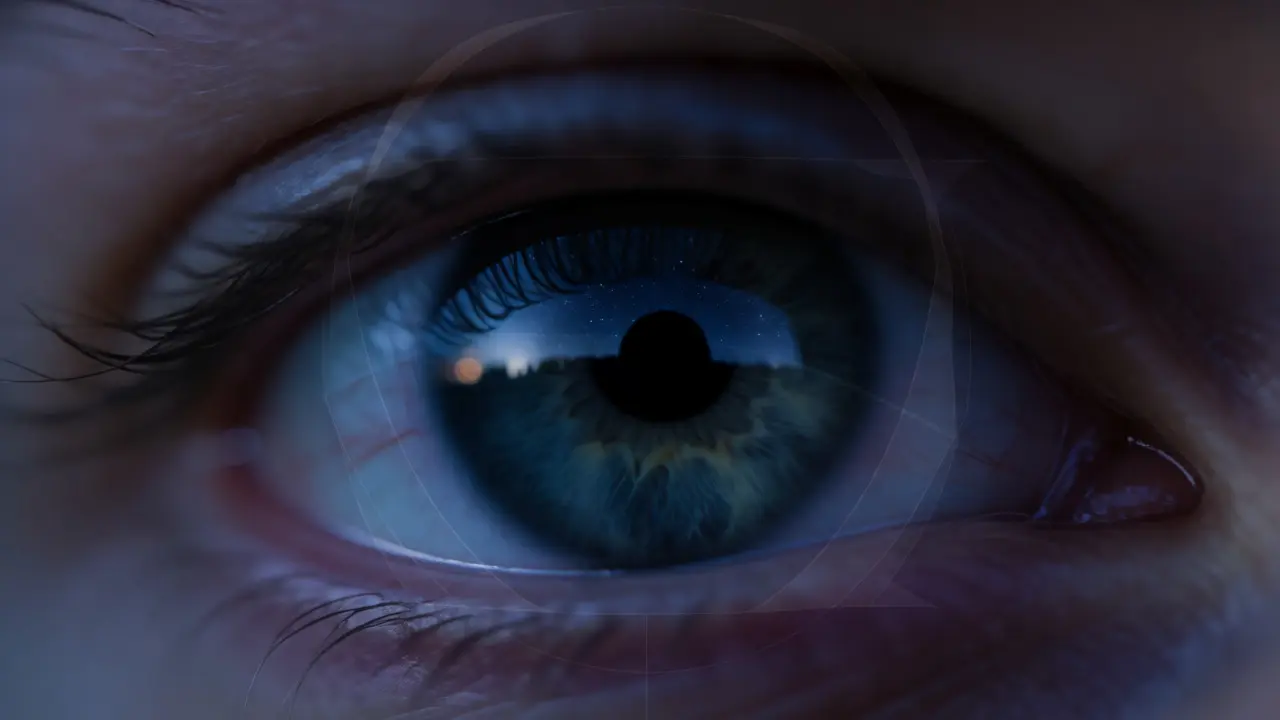Close-up of a dilated human eye reflecting stars, illustrating maximum pupil dilation limits.