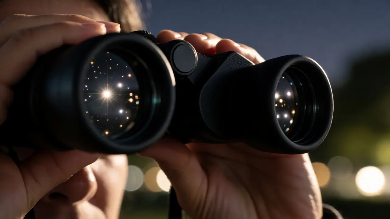 Close-up of eyes looking through binoculars at night sky stars.