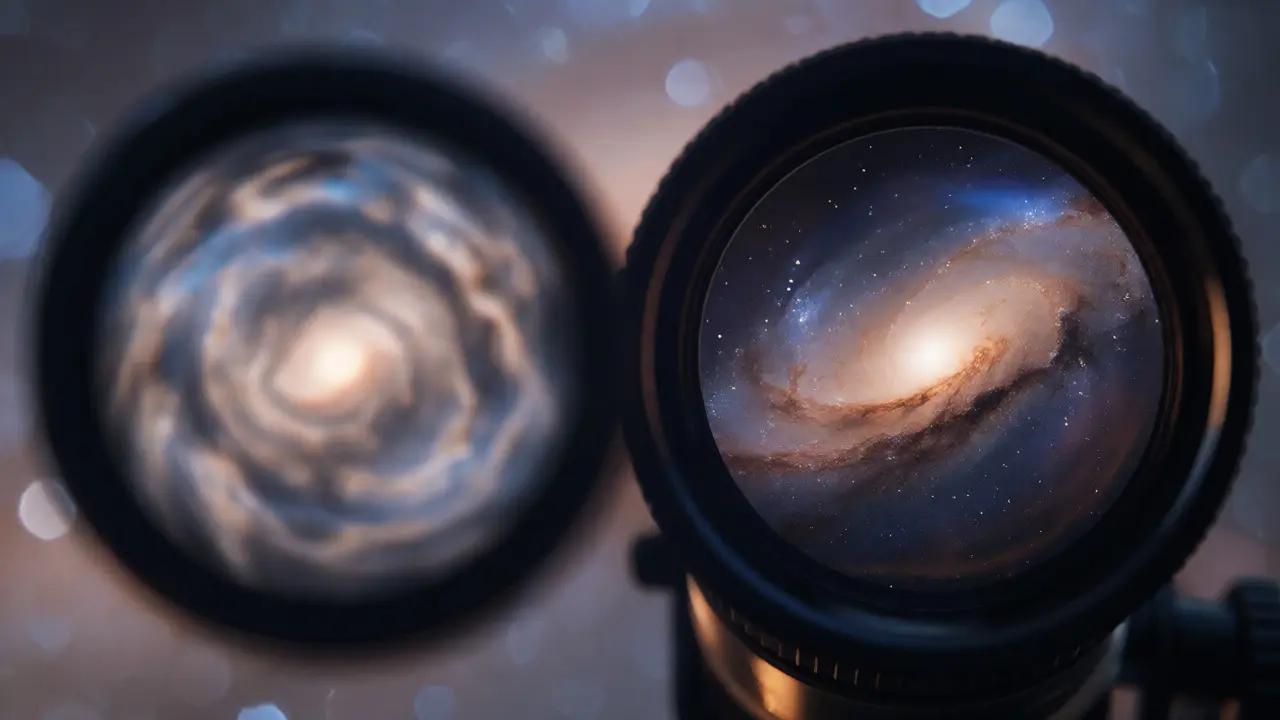 Comparison of blurry low-altitude galaxy versus sharp high-altitude view.