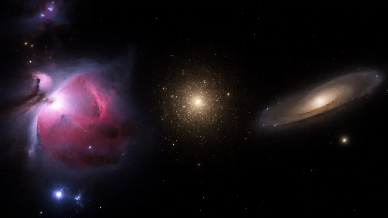 Conceptual arrangement of a nebula, globular cluster, and galaxy in space.