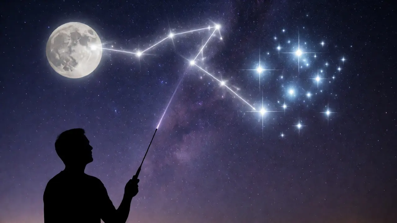 Conceptual art of star path from moon to Pleiades cluster