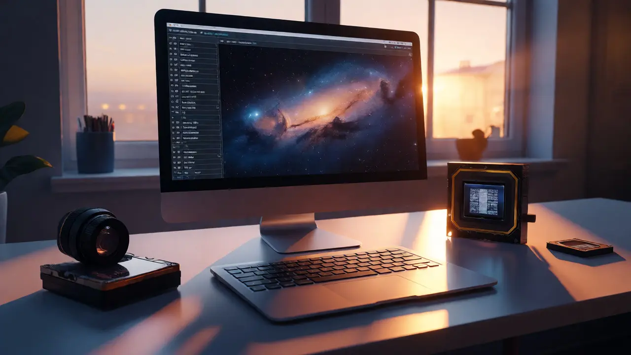 Desktop setup with laptop showing astrophotography logs and images, illustrating data analysis and storage.