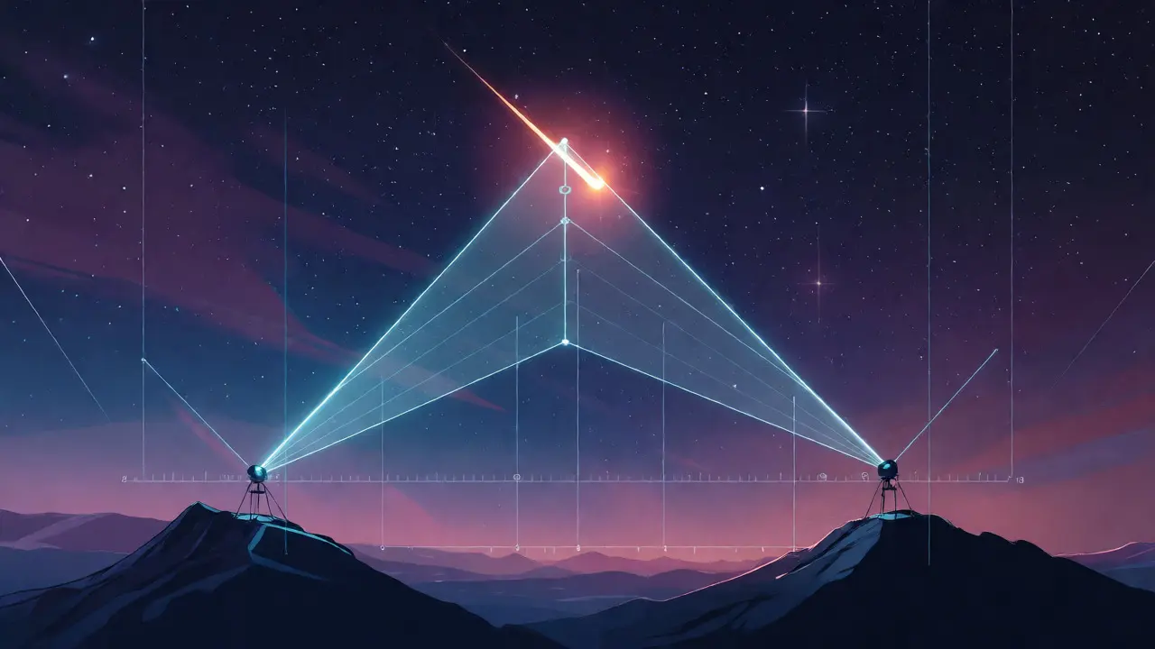 Diagram illustrating two cameras triangulating a meteor's position in the sky.