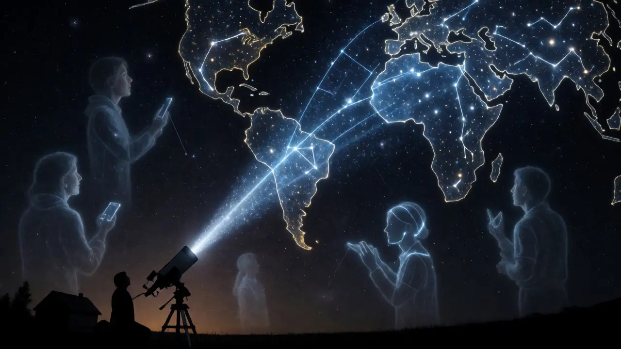 Digital art showing data streams from telescopes forming a star map.