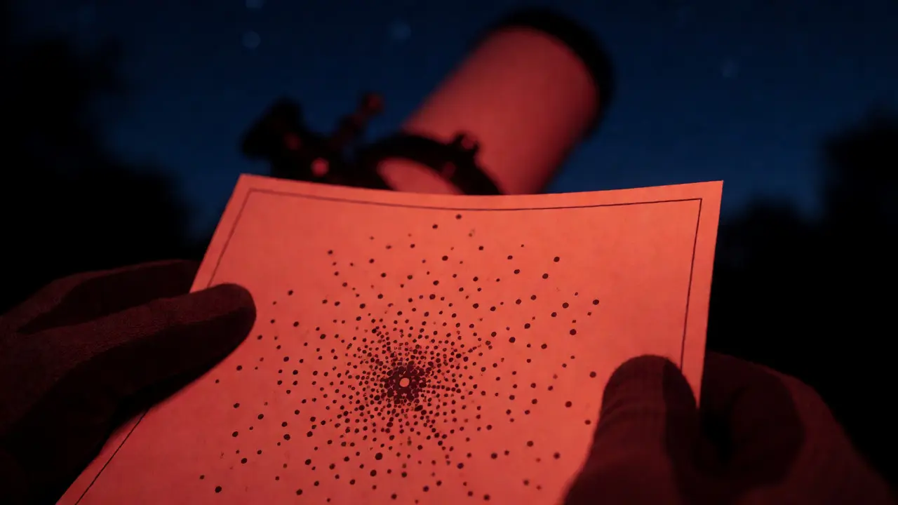 Gloved hands checking a printed star chart under red light near a telescope.