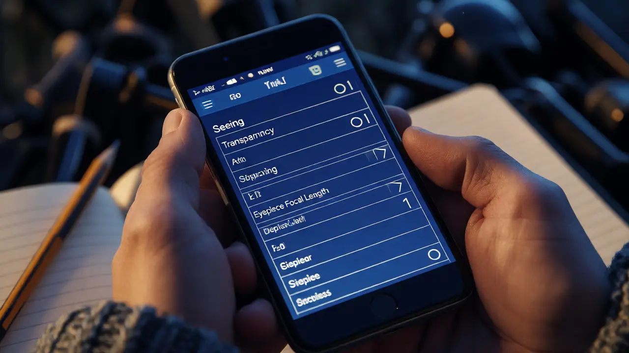 Gloved hands entering structured data into an astronomy logging app on a smartphone during a session.