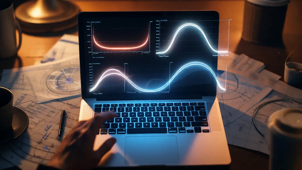 Holographic light curve graphs hovering above a desk during analysis