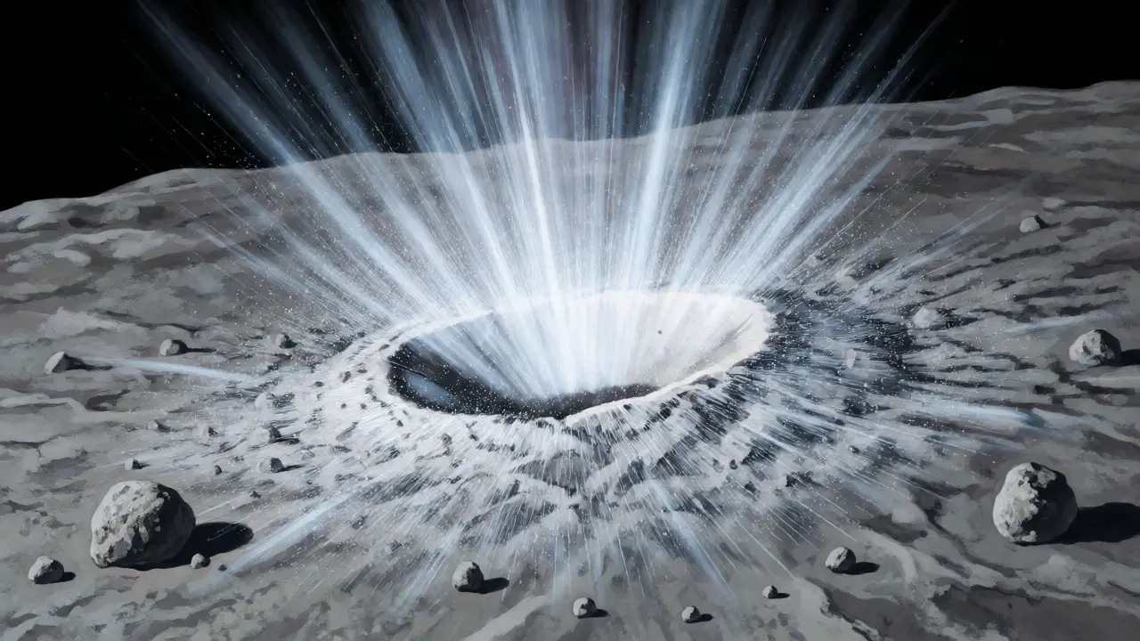 Illustration of a meteorite impact creating bright radial ejecta streaks on the lunar surface.
