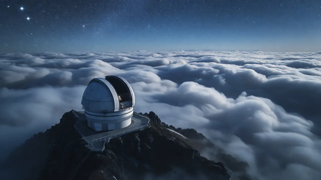 Mountain observatory positioned above a thick layer of atmospheric mist.