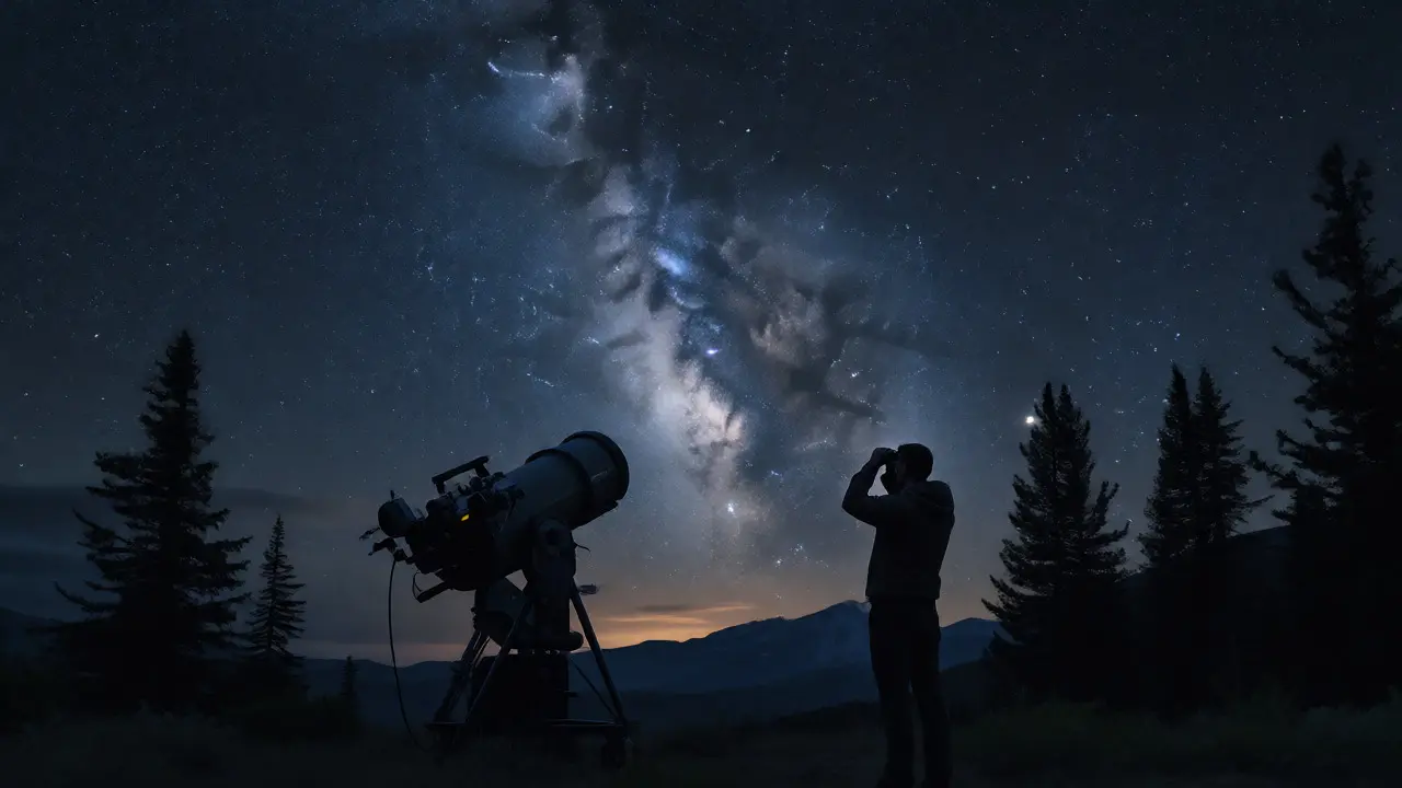 Observer with a telescope under the Milky Way in a dark rural landscape.