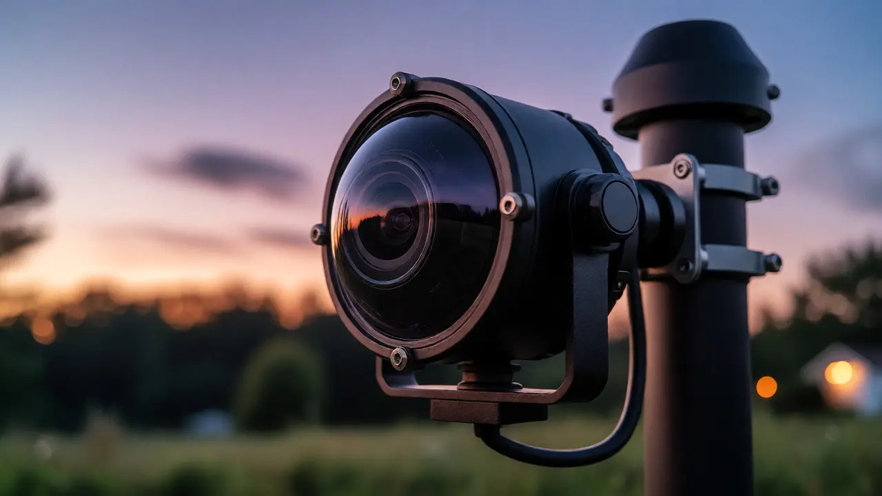 Rugged all-sky camera mounted on a pole against a twilight backdrop.