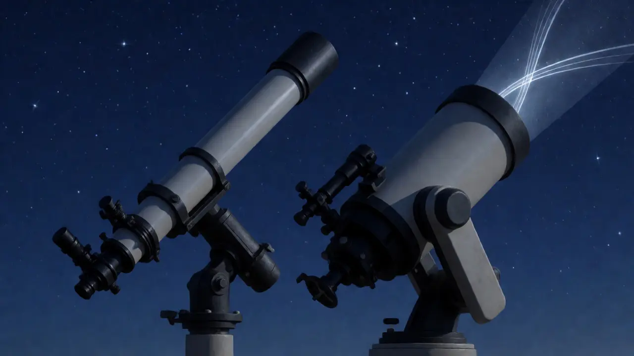 Side-by-side comparison of a long refractor and short reflector telescope under a night sky.