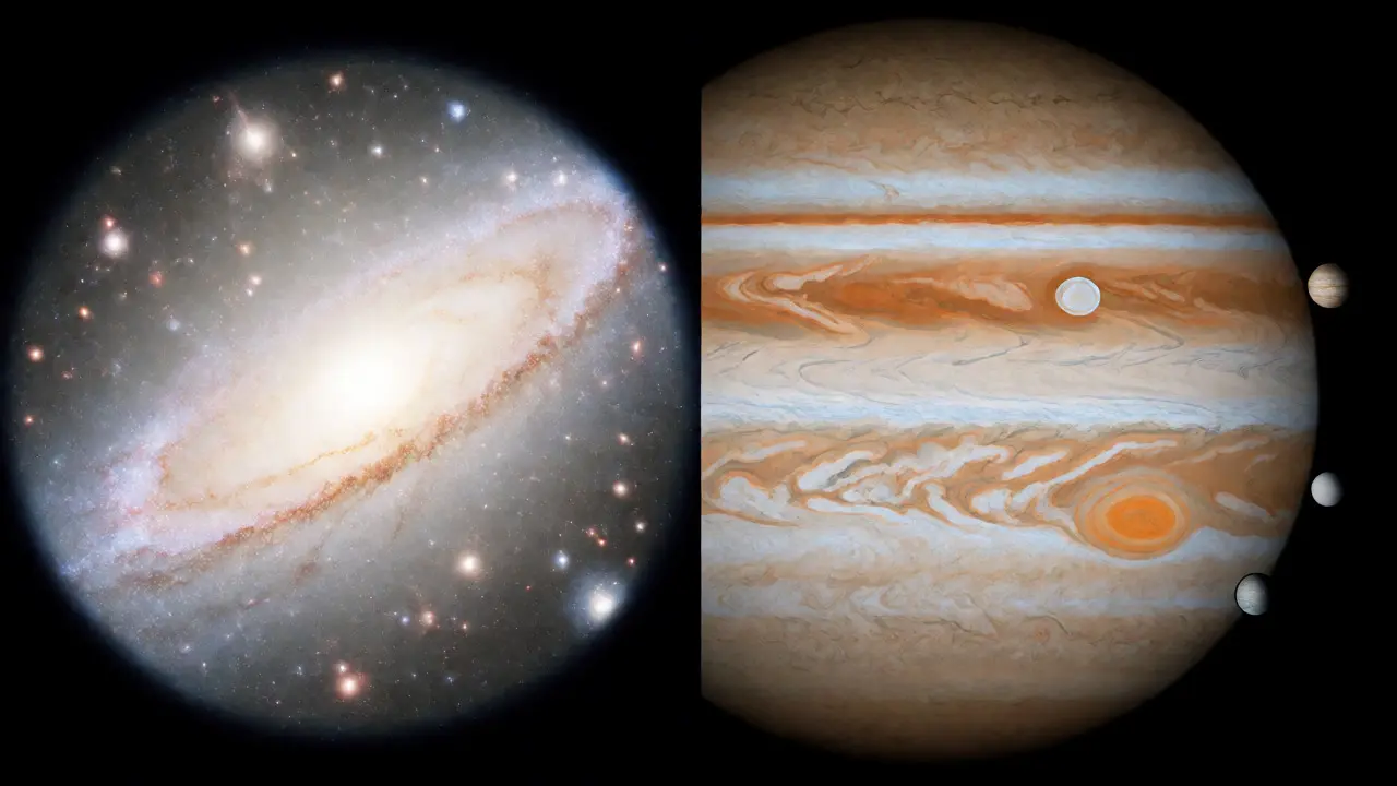 Side-by-side comparison of wide-field galaxy view versus detailed planetary view through telescopes.