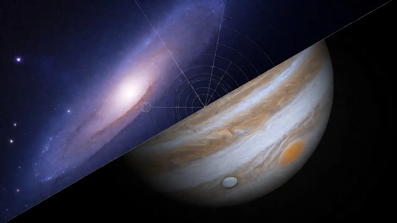 Split view showing wide-field galaxy observation and high-magnification planetary detail through a telescope.