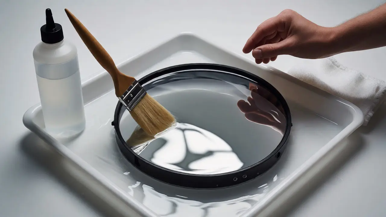 Telescope mirror being cleaned in a tray with water and brush