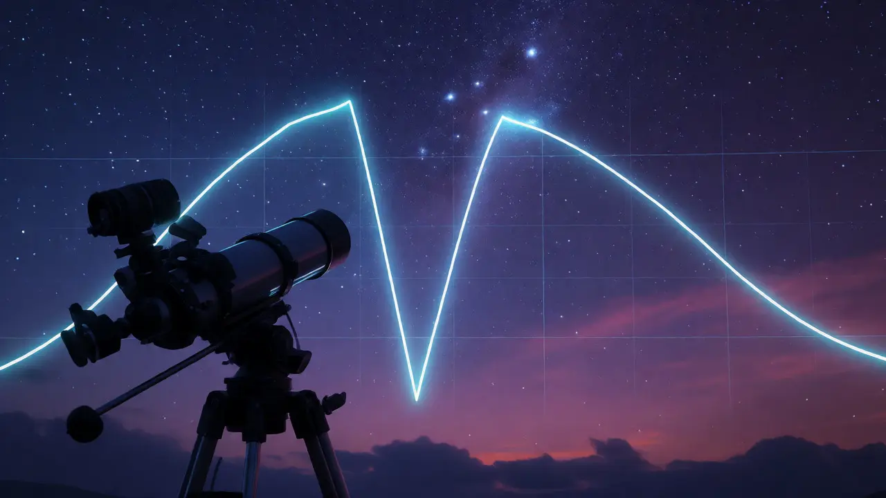 Telescope pointing at stars with a glowing light curve graph overlay