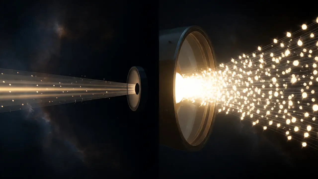Visual representation of photon density entering small versus large telescope apertures, showing light gathering power.